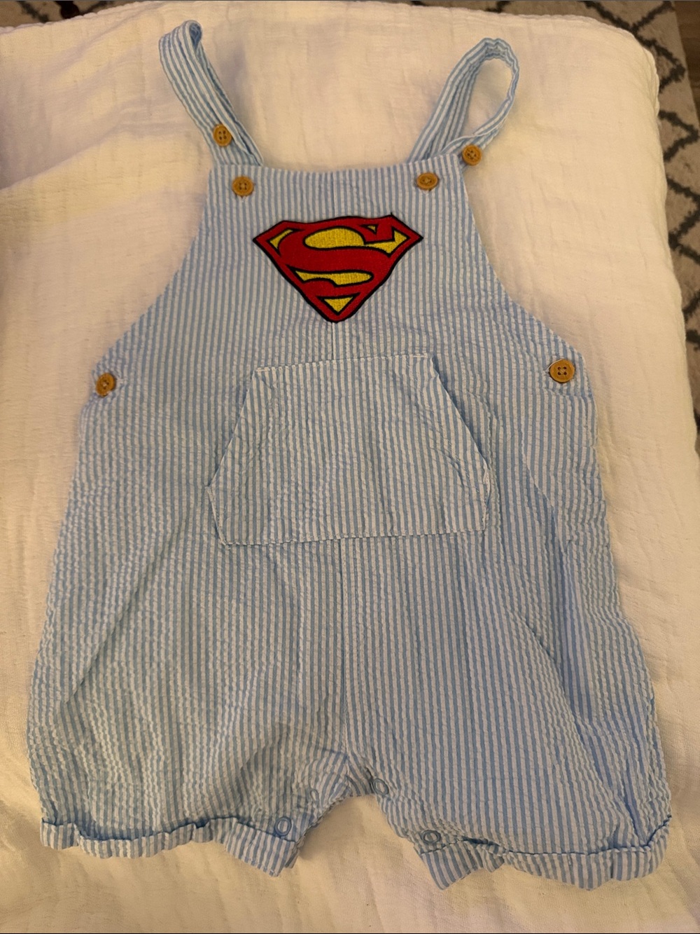 DC Light Blue Striped Superman Overalls - Seersucker 100% cotton- 24 months